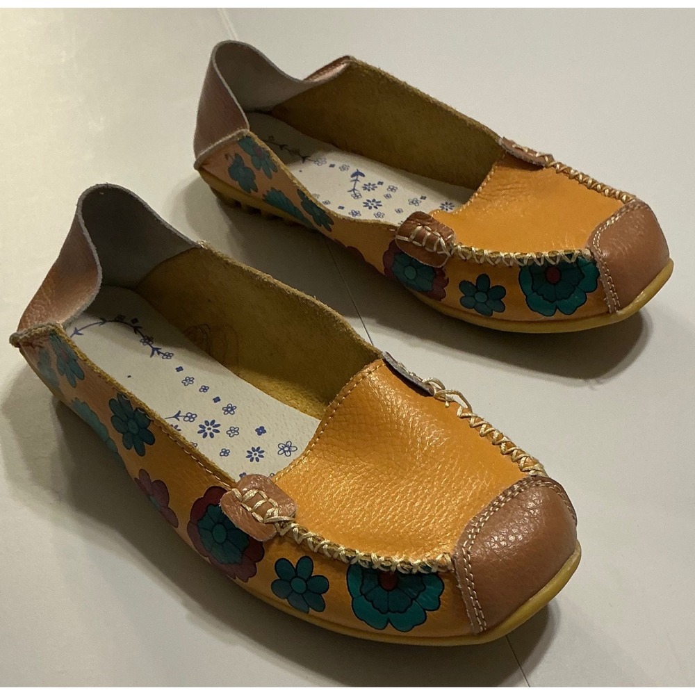 Womens‎ Orange Leather Floral Flat Loafer Shoes Remote Control Soles Sz 41 US 10